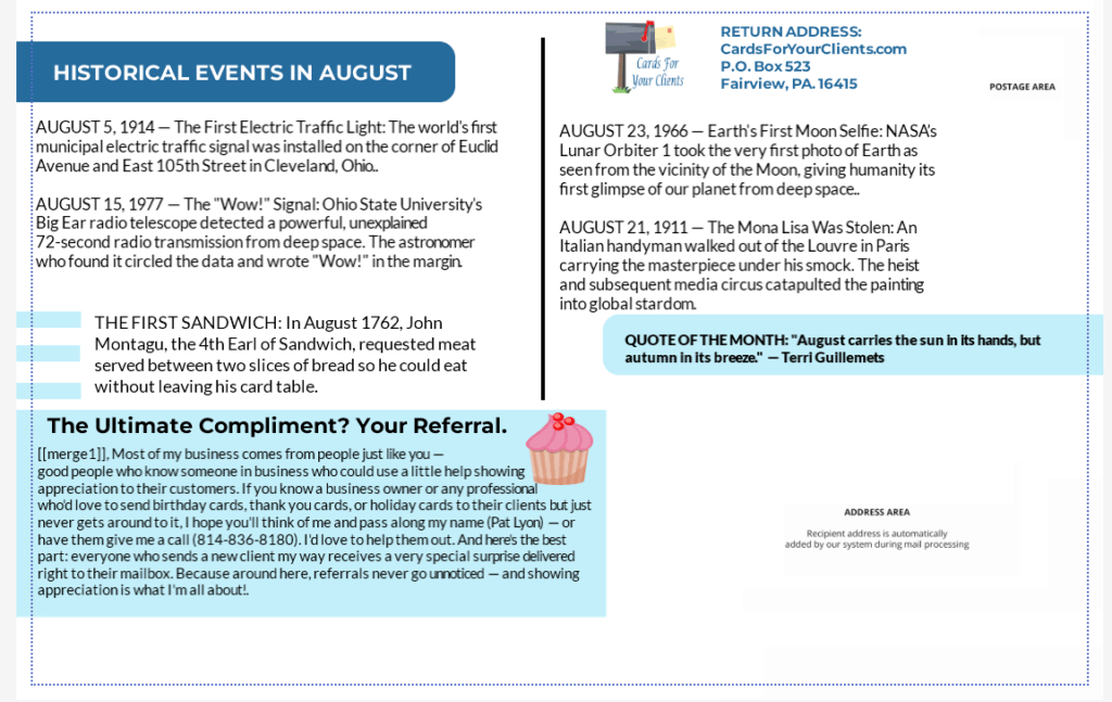 Monthly business marketing calendar to send to customers and clients