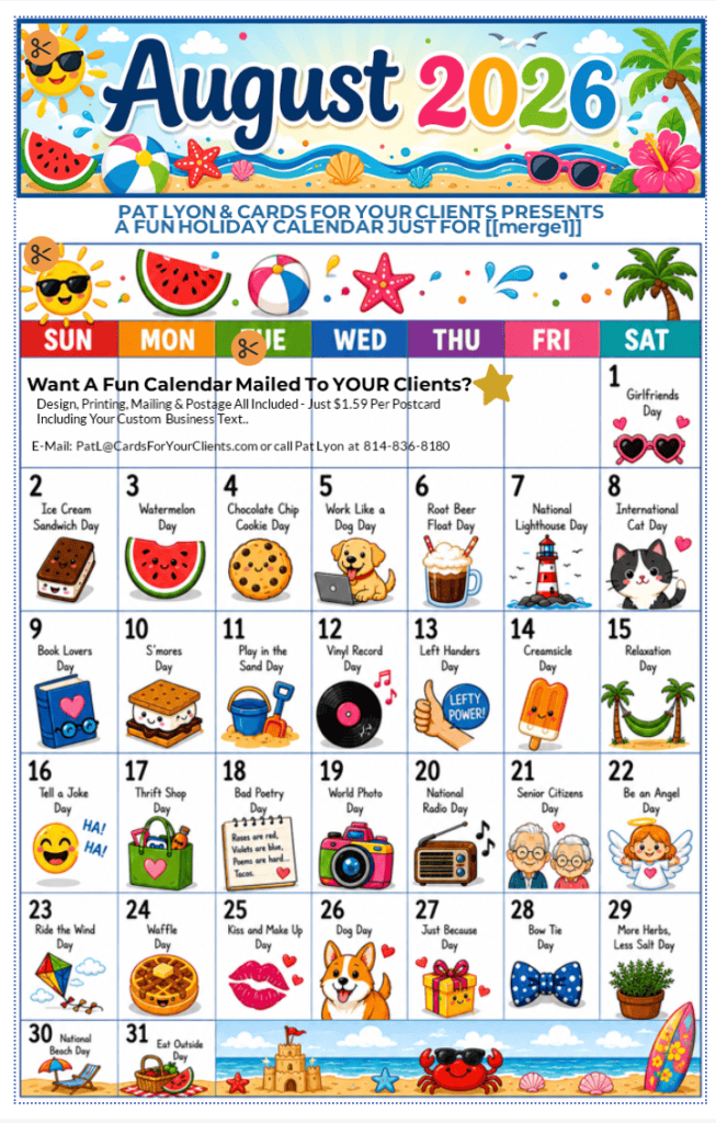 Colorful August monthly relationship marketing calendar