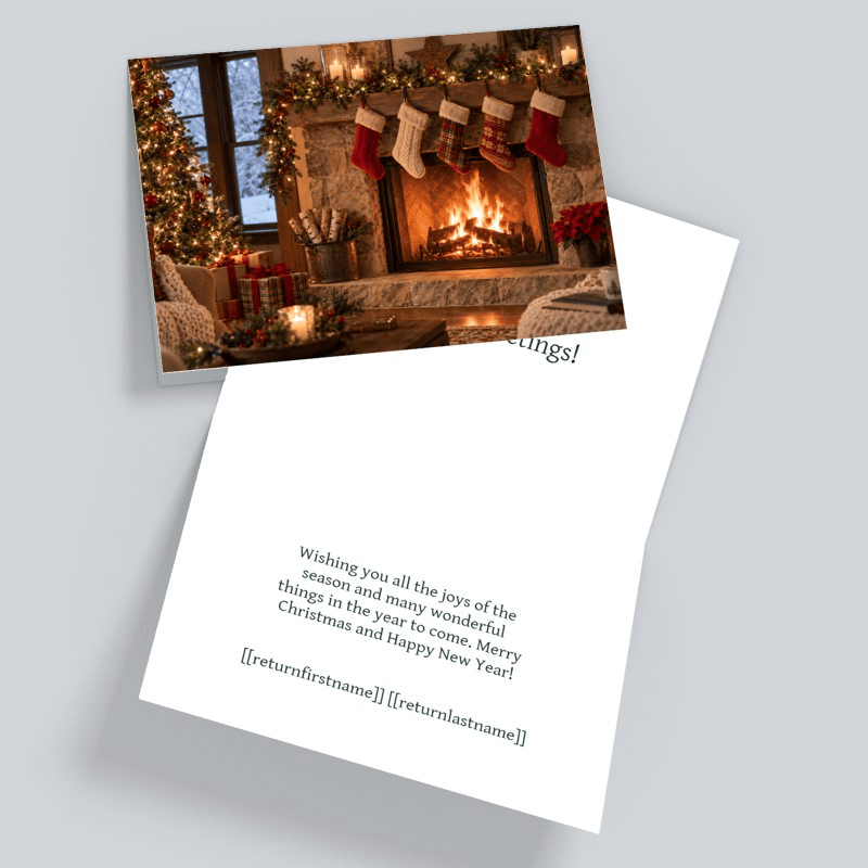 Holiday card showing fireplace with stockings and fireplace