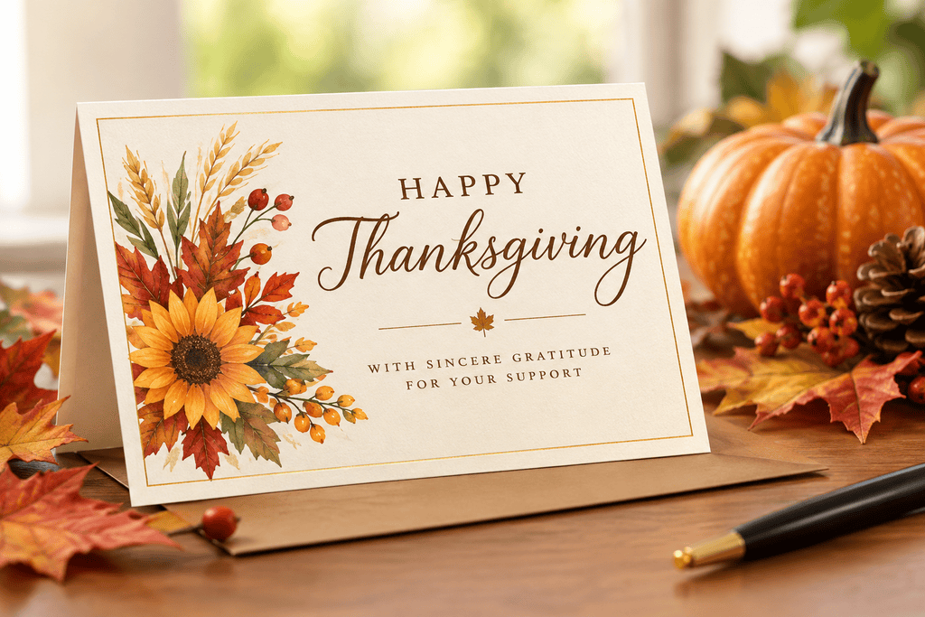 Thanksgiving greeting card for business clients featuring autumn leaves and a message of gratitude
